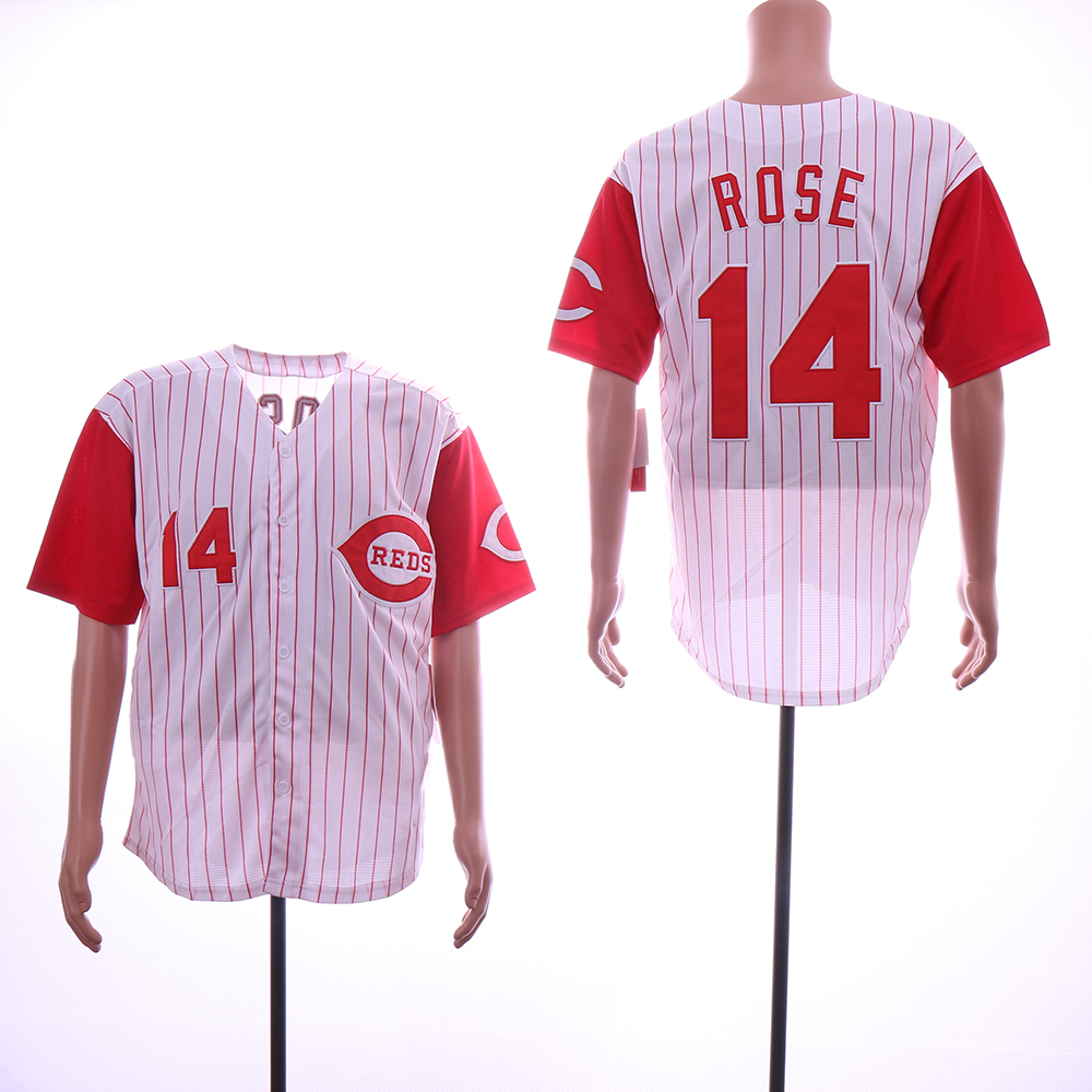 Men MLB Cincinnati Reds 14 Rose white red with strips jerseys